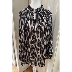 H&M Black White Ikat Print Tie Neck Ruffle Long Sleeve Sheer Blouse Top Mob Wife